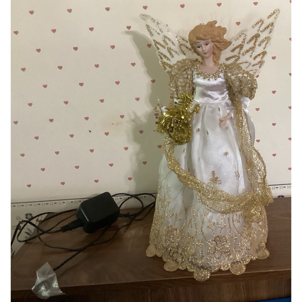 VTG Angel Christmas Tree Topper- Ceramic Head &‎ Hands- Lights Up-15" Tall Decor